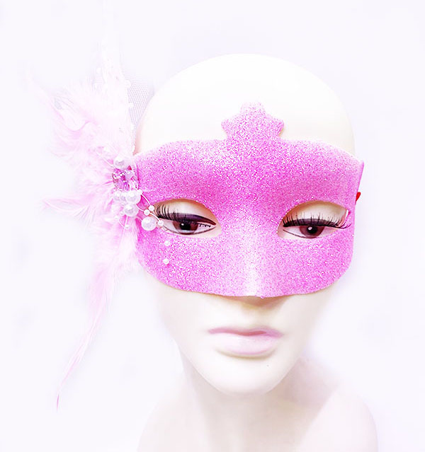 Sim İşlemeli İnci Boncuk Detaylı Tüylü Balo Maskesi Pembe Renk 13x18 cm (CLZ)