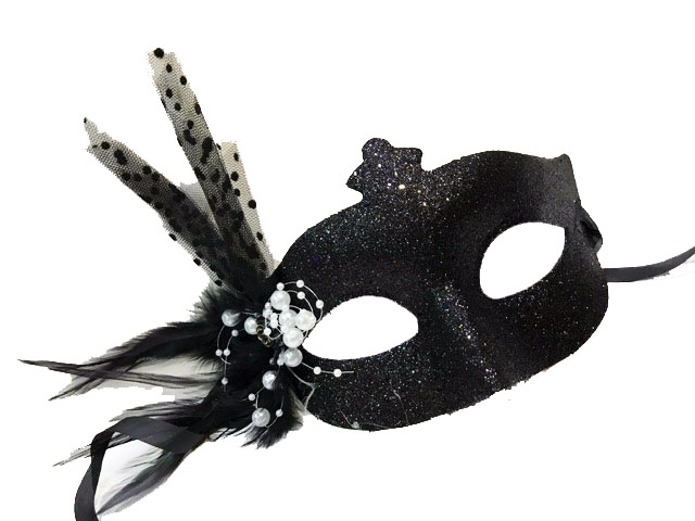 Sim İşlemeli Yandan Tüylü Yılbaşı Maskesi Siyah Renk (CLZ)