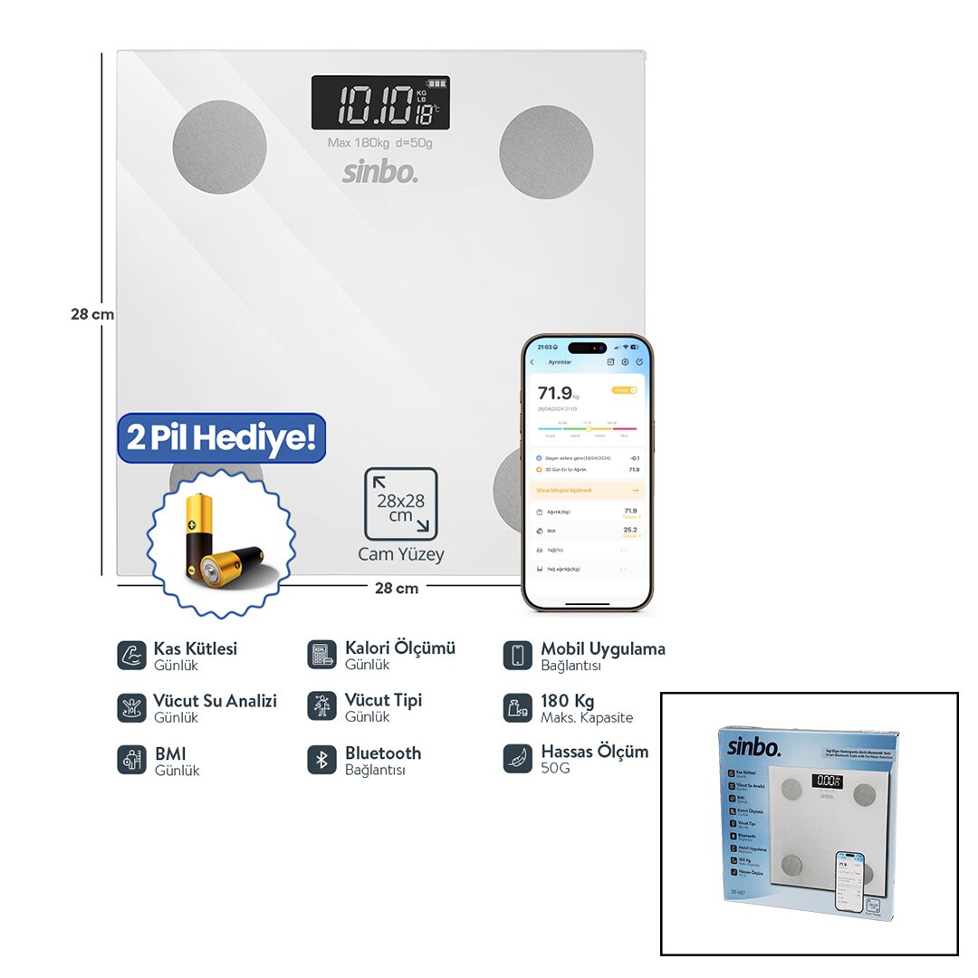 YAĞ ÖLÇERAKILLI BLUETOOTH CAM BASKÜL PİLLİ 180KG/50GR 28X28CM 8-KİŞİ HAFIZA LCD EKRAN GÖSTERGE SBS-4467