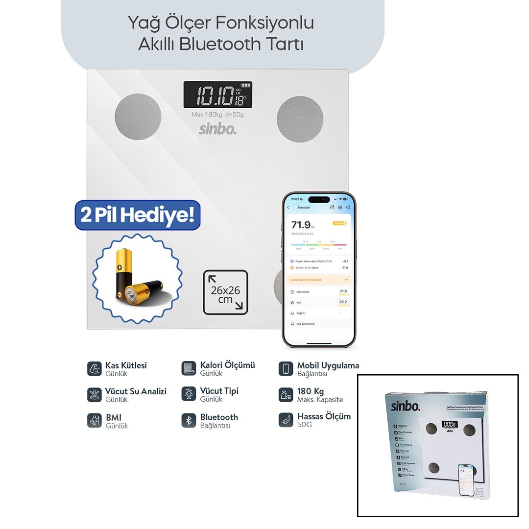BASKÜL BEYAZ YAĞ ÖLÇER AKILLI BLUETOOTH CAM BASKÜL