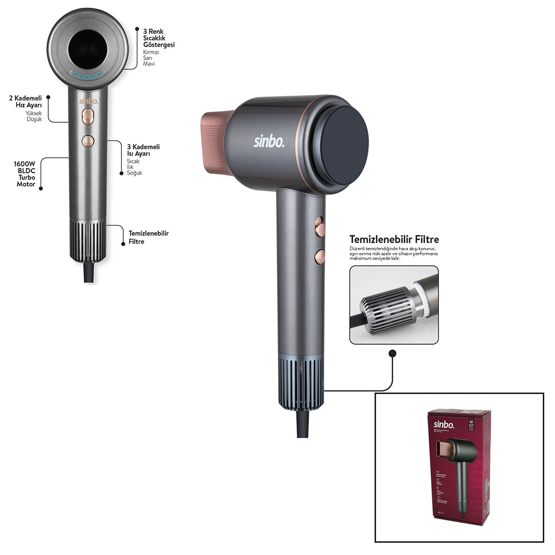SİNBO SHD-1717 BLDC TURBO MOTOR TOKMAK MODEL SAÇ KURUTMA MAKİNESİ 1600W 2-KDM.HIZ 3-KDM.SICAKLIK YAPIŞKANLI ASKI