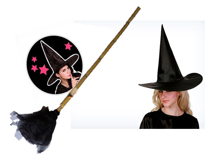 Siyah Cadı Şapkası - Bambu Saplı Cadı Süpürgesi - 2 li Set (CLZ)