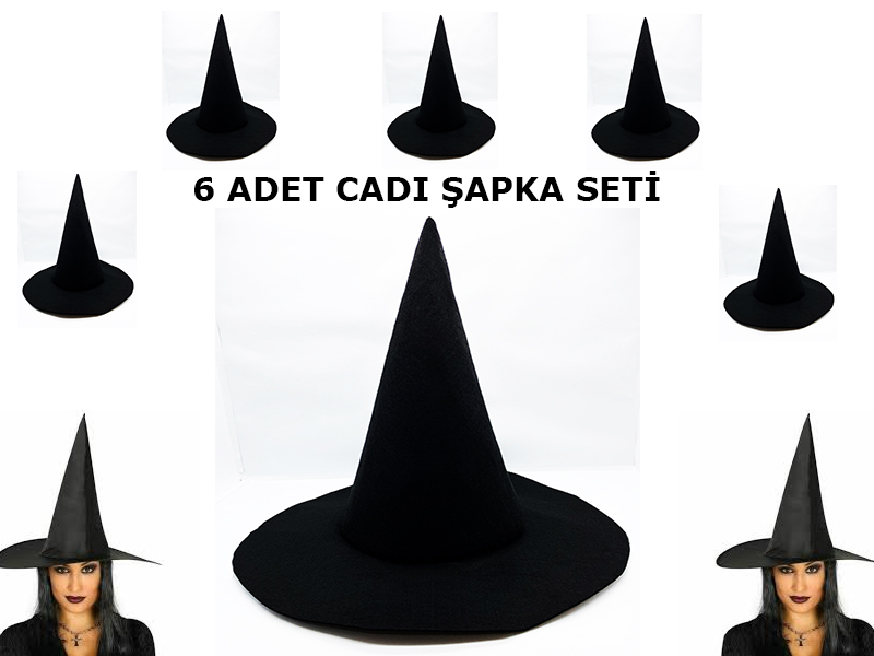 Siyah Cadı Şapkası Keçe Yetişkin Boy 6 Adet (CLZ)