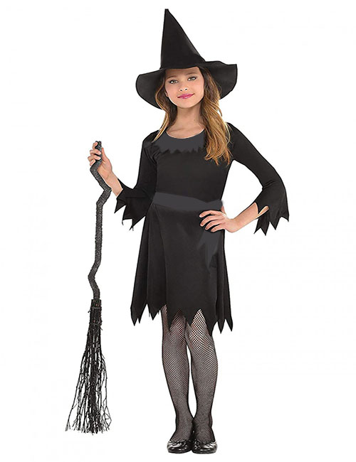Siyah Elbiseli Siyah Şapkalı Çocuk Cadı Kostümü (CLZ)