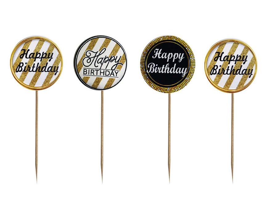 Siyah Gold Renk Temalı Happy Birthday Kürdan Süsü 20 Adet (CLZ)