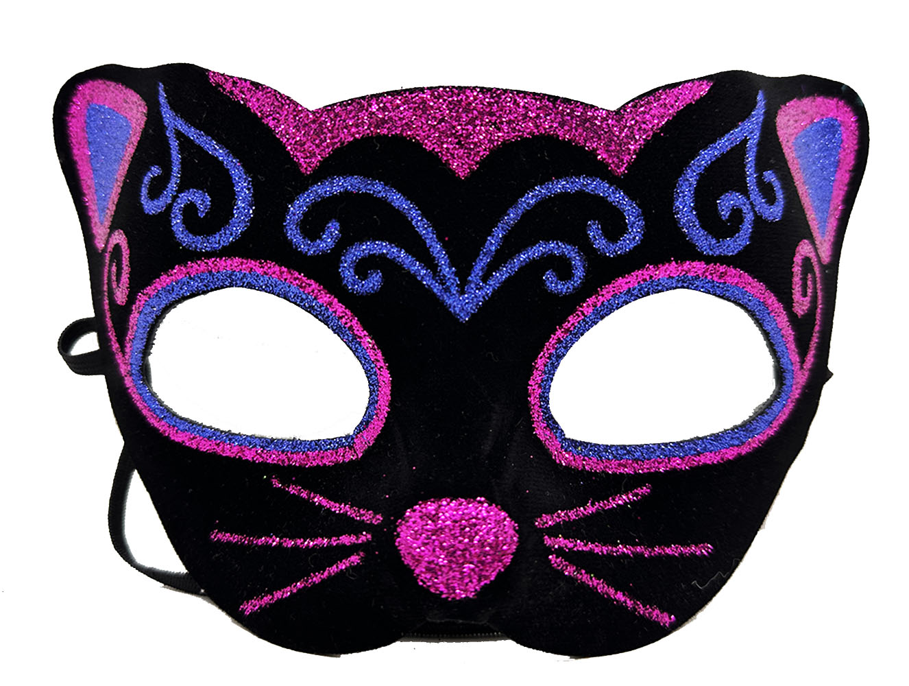 Siyah Kadife Kaplama Üzeri Pembe Mavi Sim İşlemeli Kedi Maskesi 20x13 cm (CLZ)