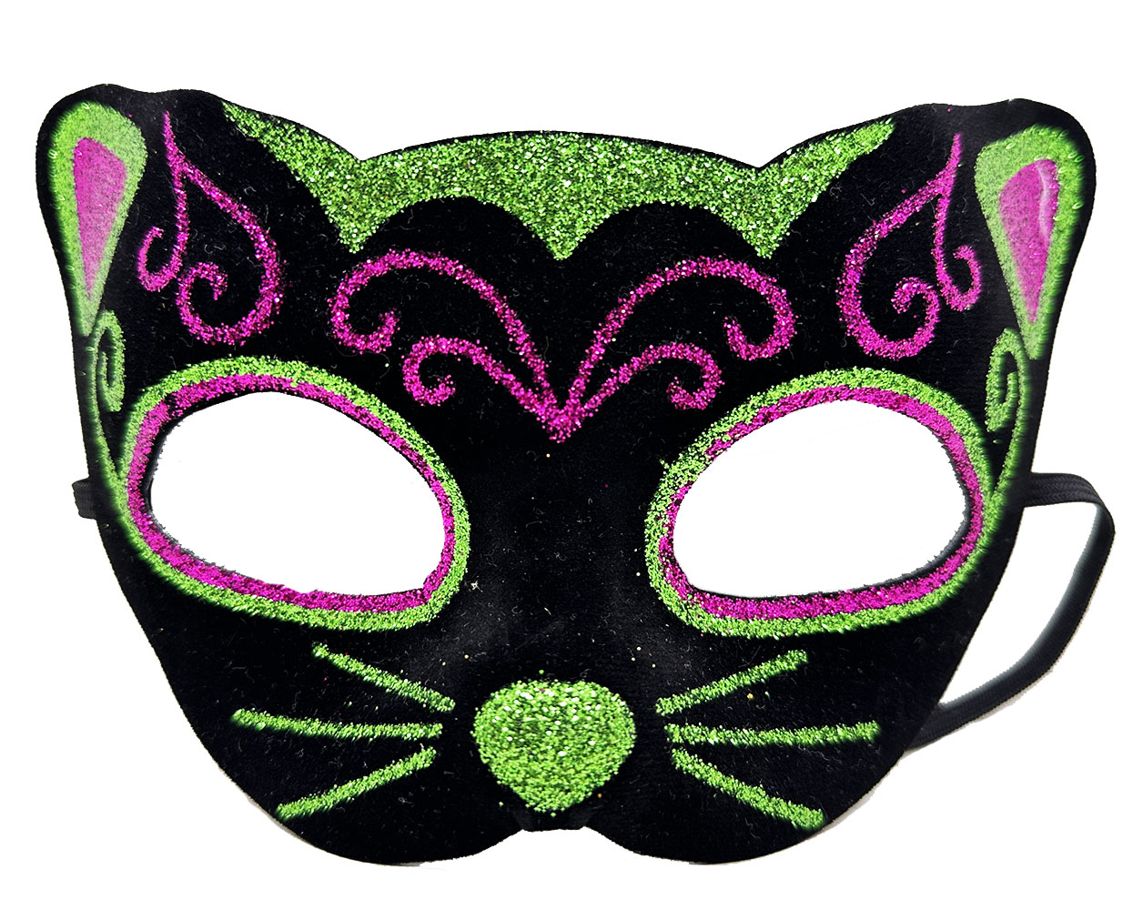 Siyah Kadife Kaplama Üzeri Pembe Yeşil Sim İşlemeli Kedi Maskesi 20x13 cm (CLZ)