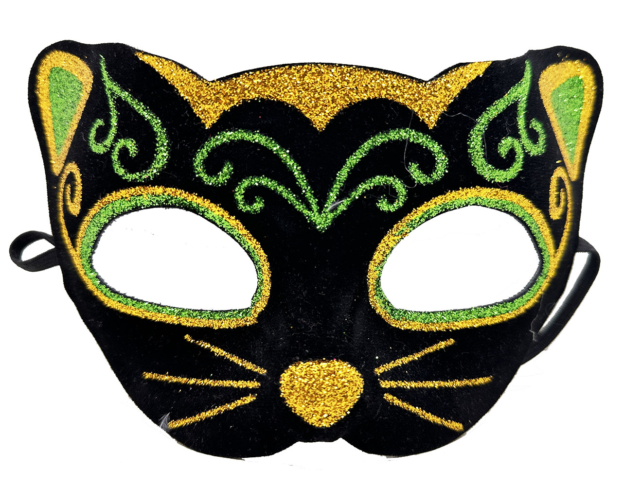Siyah Kadife Kaplama Üzeri Sarı Yeşil Sim İşlemeli Kedi Maskesi 20x13 cm (CLZ)