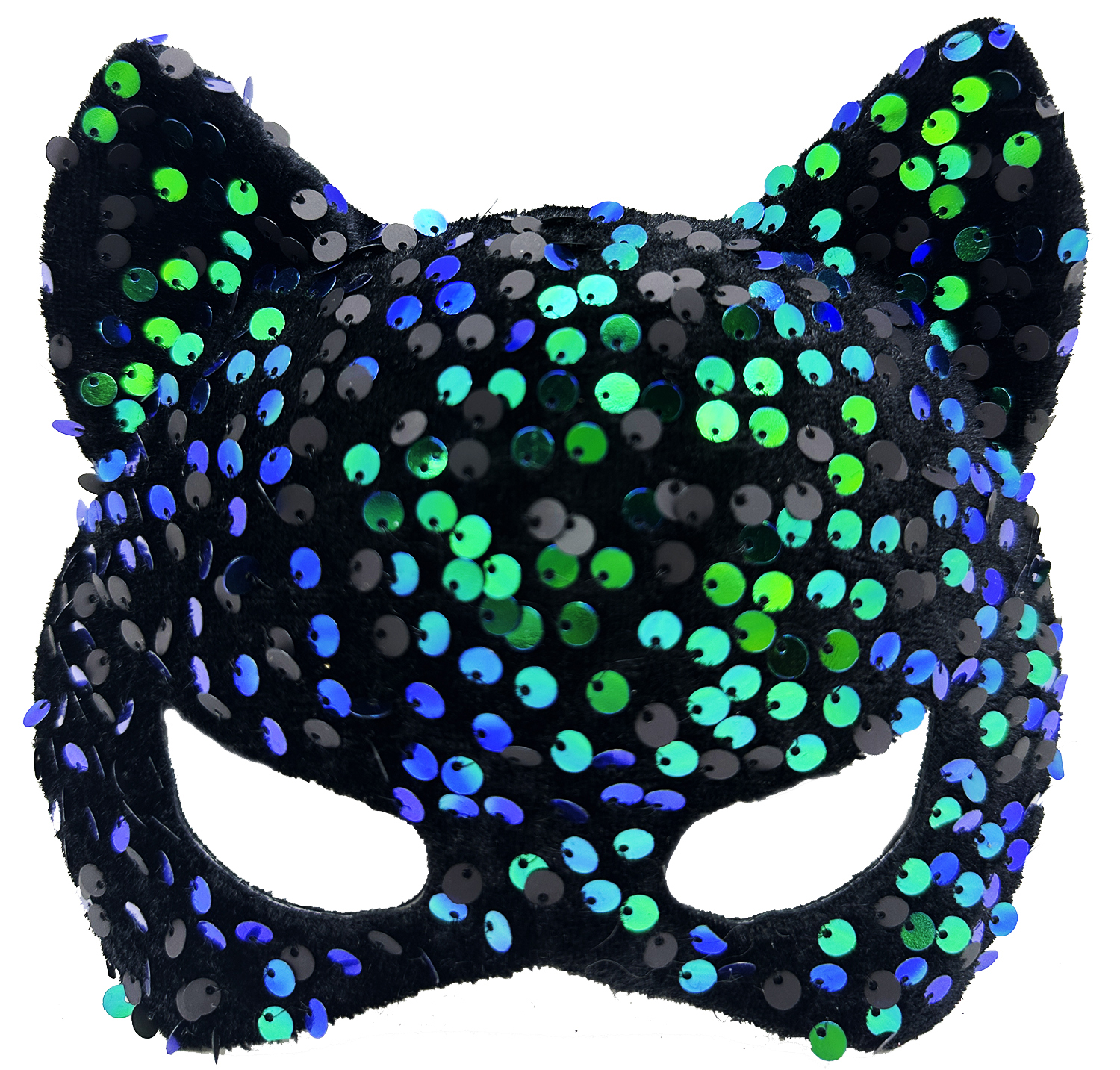 Siyah Kadife Kumaş Üzerine Mavi Yeşil Payetli Pullu Parti Maskesi 16x14 cm (CLZ)