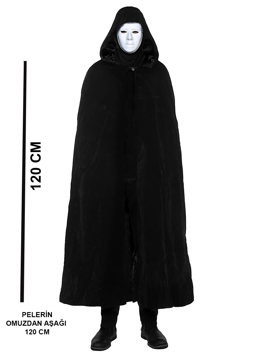 Siyah Kapüşonlu 120 cm Pelerin ve Beyaz Boyanabilir Tam Yüz Maske Siyah Kapüşonlu 120 cm Pelerin ve Beyaz Boyanabilir Tam Yüz Maske