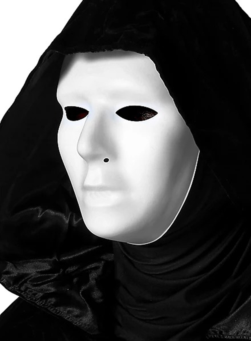 Siyah Kapüşonlu 120 cm Pelerin ve Beyaz Boyanabilir Tam Yüz Maske Siyah Kapüşonlu 120 cm Pelerin ve Beyaz Boyanabilir Tam Yüz Maske