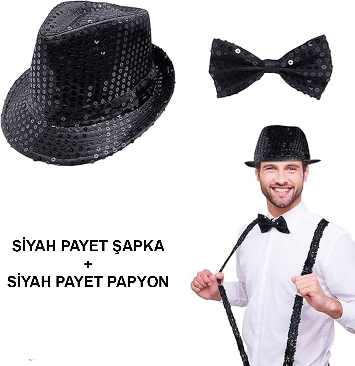 Siyah Payetli Şapka ve Papyon Seti – Parıltılı Yetişkin Kostüm Seti Siyah Payetli Şapka ve Papyon Seti – Parıltılı Yetişkin Kostüm Seti