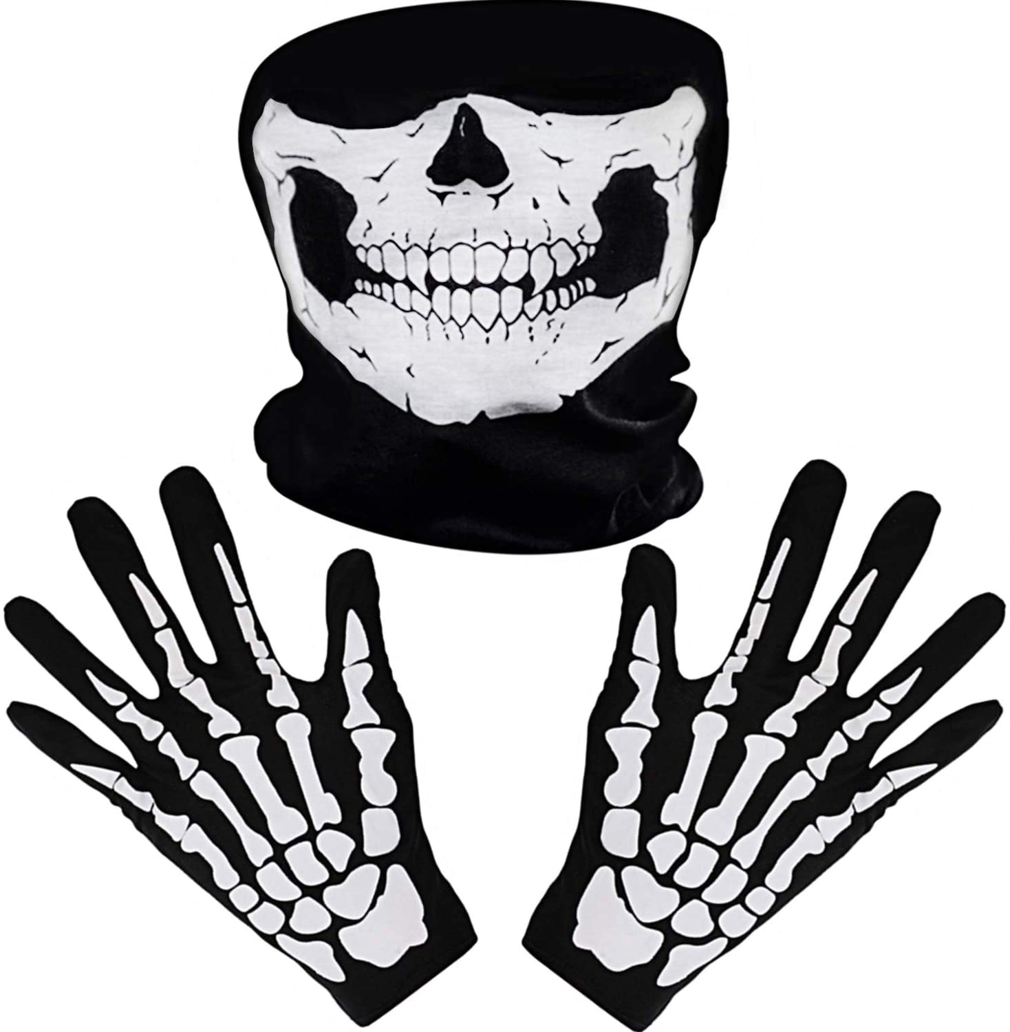 Siyah Renk Dikişsiz Çok Fonksiyonlu Çene Kafatası Yüz Maskesi Baf ve İskelet Eldiven Seti (CLZ)