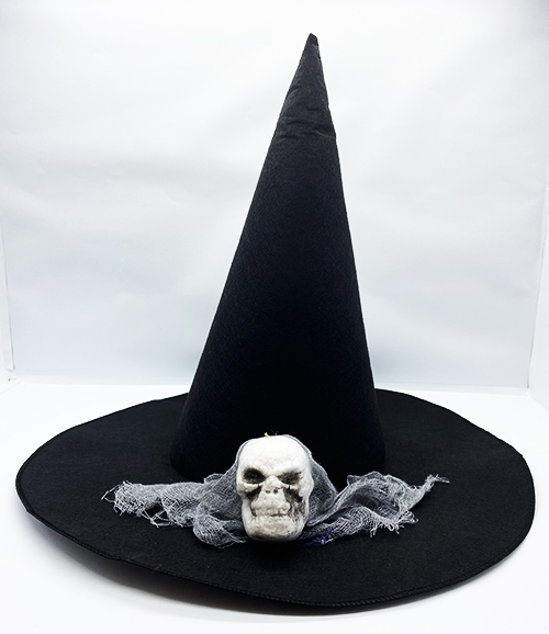 Siyah Renk Gri Duvaklı Kuru Kafa Temalı Cadı Şapkası 35x38 cm (CLZ)
