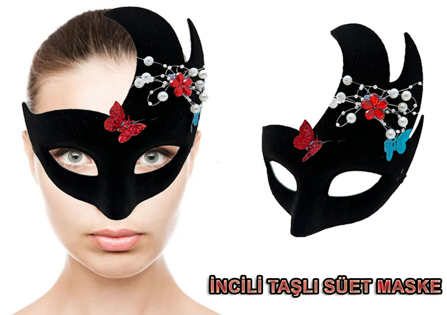 Siyah Renk İncili Taşlı Süet Kaplama Venedik Parti Maskesi 20x22 cm (CLZ)