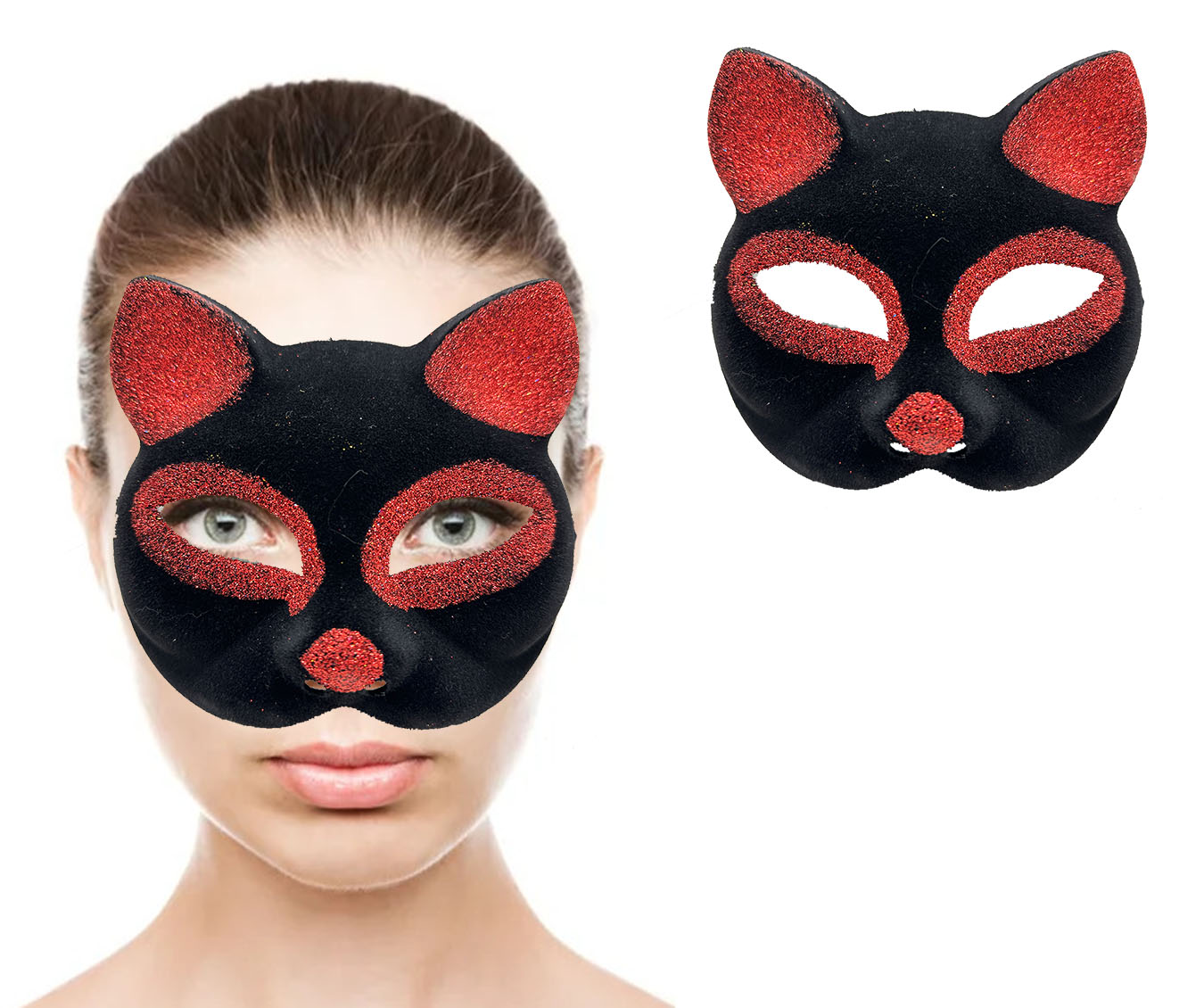 Siyah Renk Kırmızı Simli Süet Kaplama Kedi Maskesi 18x14 cm (CLZ)