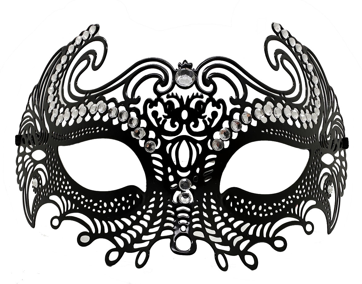 Siyah Renk Lazer Kesim Üzeri Kristal Taşlı Metal Balo Parti Venedik Maskesi (CLZ)
