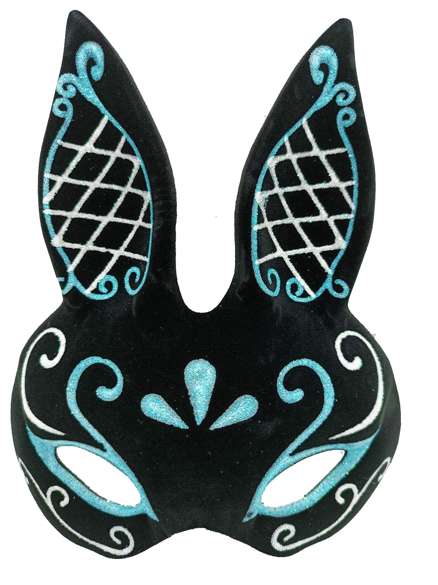 Siyah Renk Mavi Beyaz Simli Siyah Süet Kaplama Tavşan Maskesi 18x16 cm (CLZ)