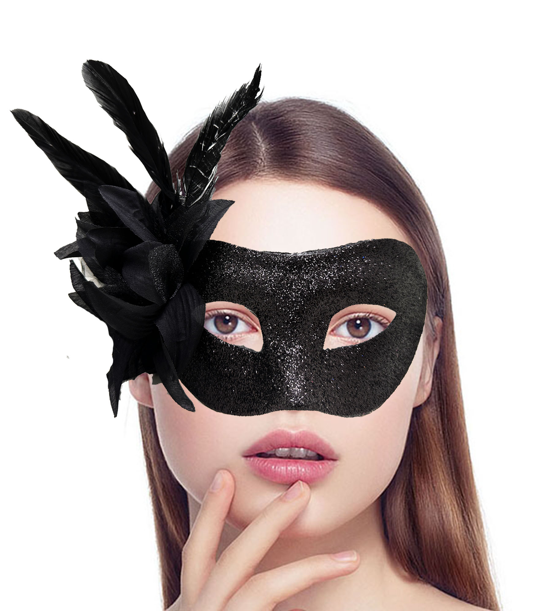 Siyah Renk Metalize Sim Görünümlü Parlak Tüylü Parti Maskesi 22x19 cm (CLZ)