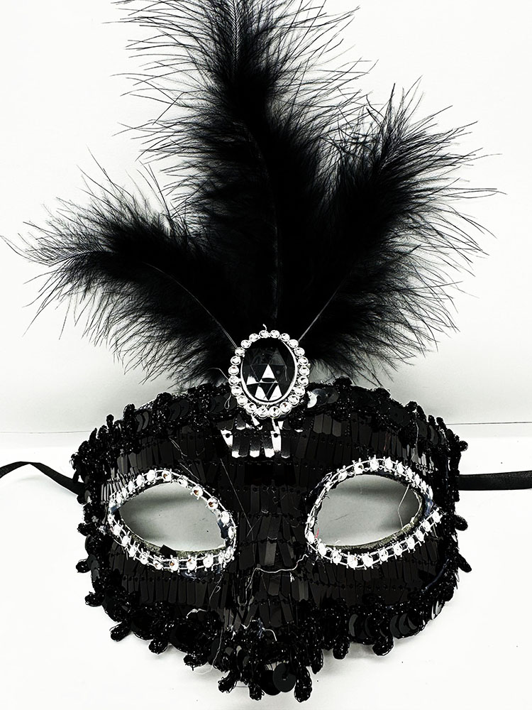 Siyah Renk Payetli Pullu Tüylü Parti Maskesi 17x20 cm (CLZ)