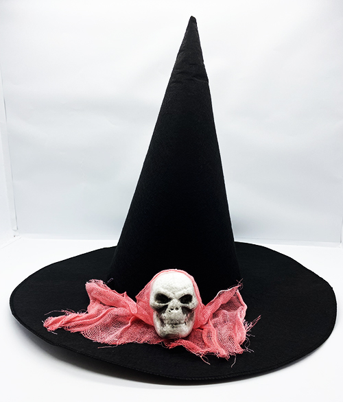 Siyah Renk Pembe Duvaklı Kuru Kafa Temalı Cadı Şapkası 35x38 cm (CLZ)