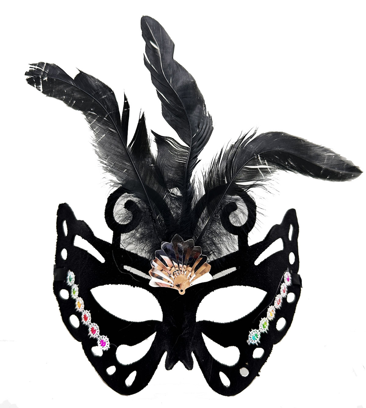 Siyah Renk Siyah Süet Kaplama Tüylü Kelebek Figür Parti Maskesi 24x18 cm (CLZ)