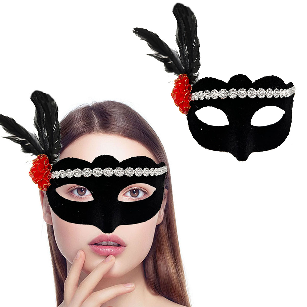 Siyah Renk Süet Kaplama Gümüş Dantelli Kırmızı Gül Tasarımlı Parti Maskesi 18x20 cm (CLZ)