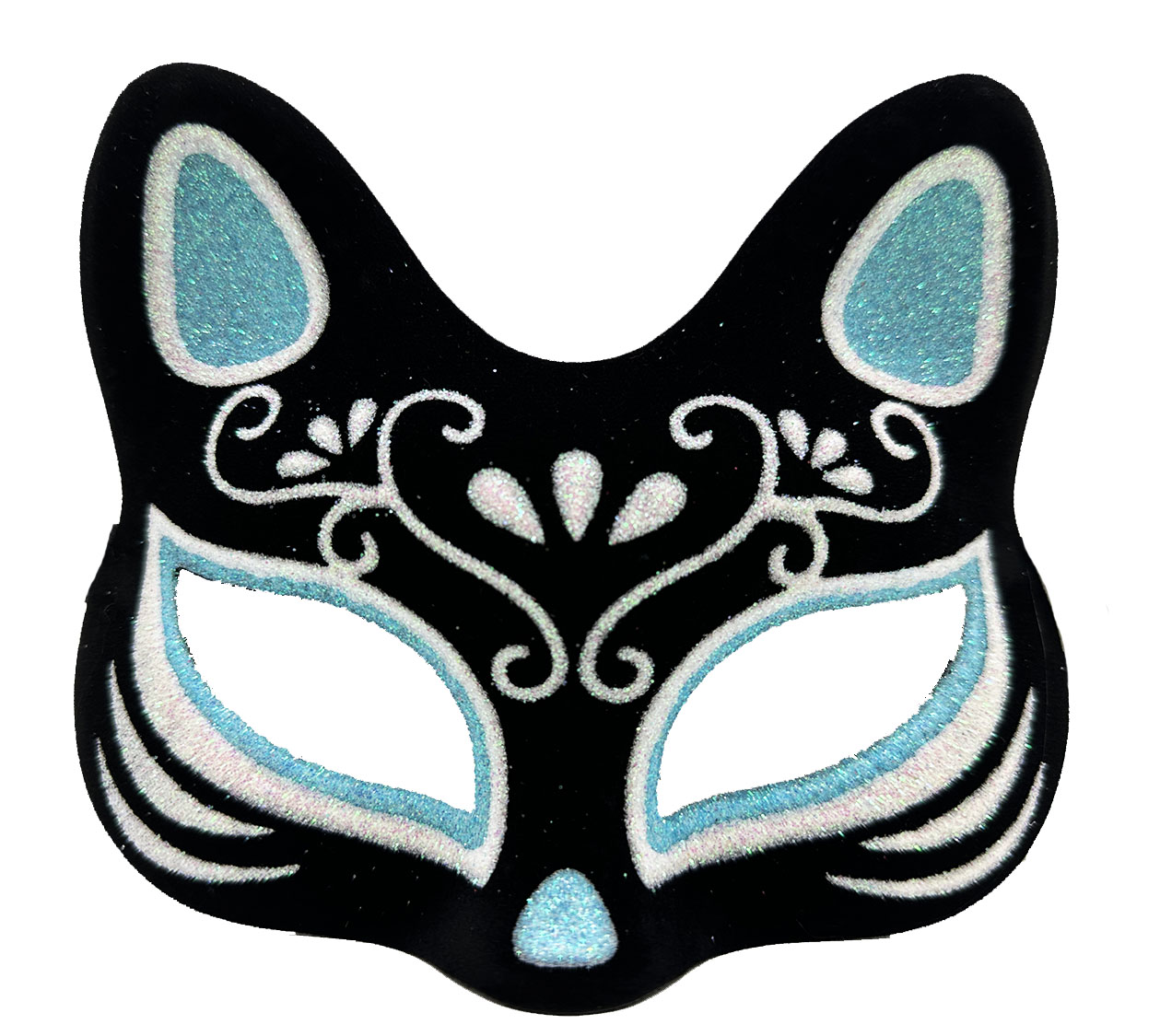 Siyah Renk Süet Kaplama Üzeri Gümüş Mavi Simli Kedi Maskesi 17x14 cm (CLZ)