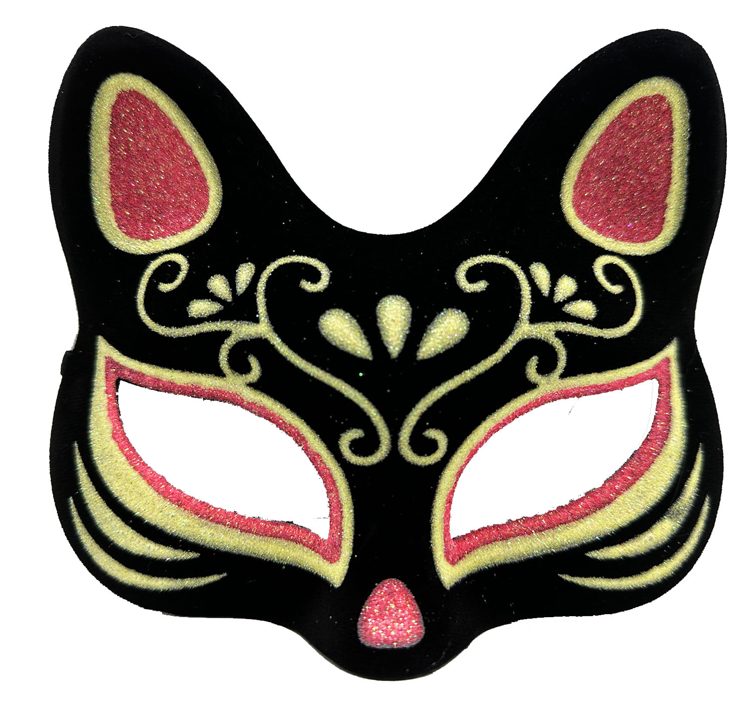Siyah Renk Süet Kaplama Üzeri Kırmızı Sarı Simli Kedi Maskesi 17x14 cm (CLZ)