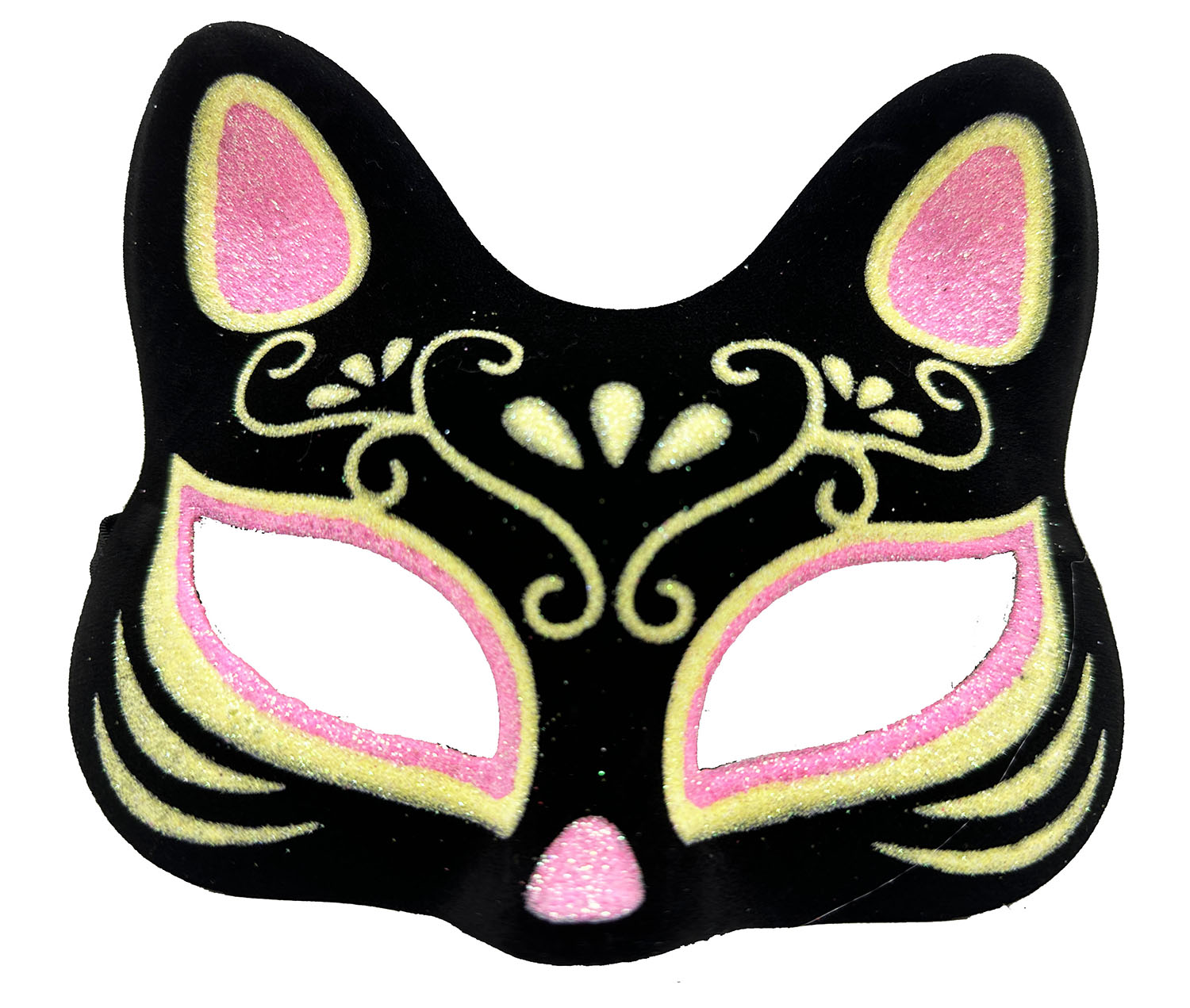 Siyah Renk Süet Kaplama Üzeri Pembe Sarı Simli Kedi Maskesi 17x14 cm (CLZ)