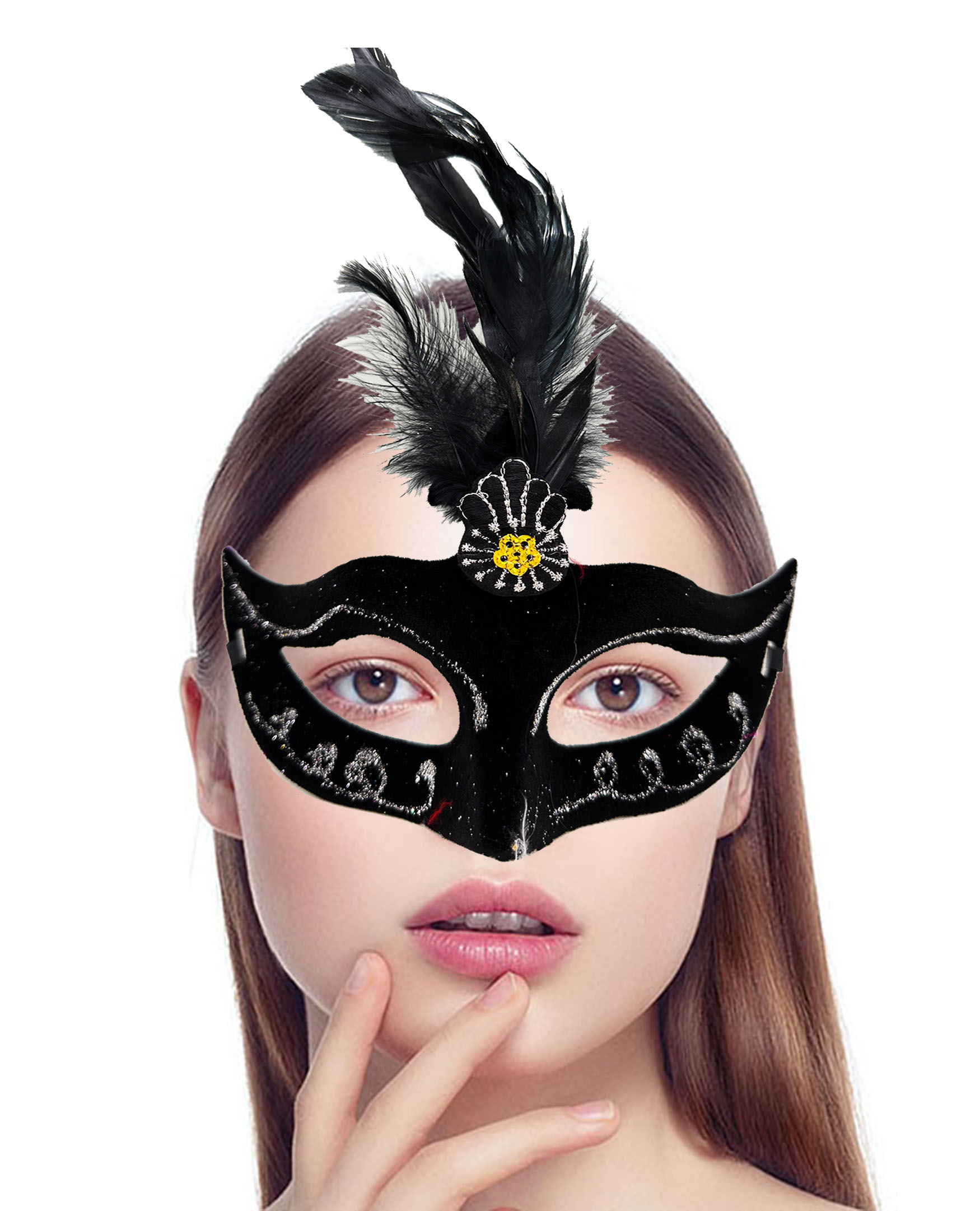 Siyah Renk Tüylü Siyah Süet Kaplama Parti Balo Maskesi 20X16 cm (CLZ)