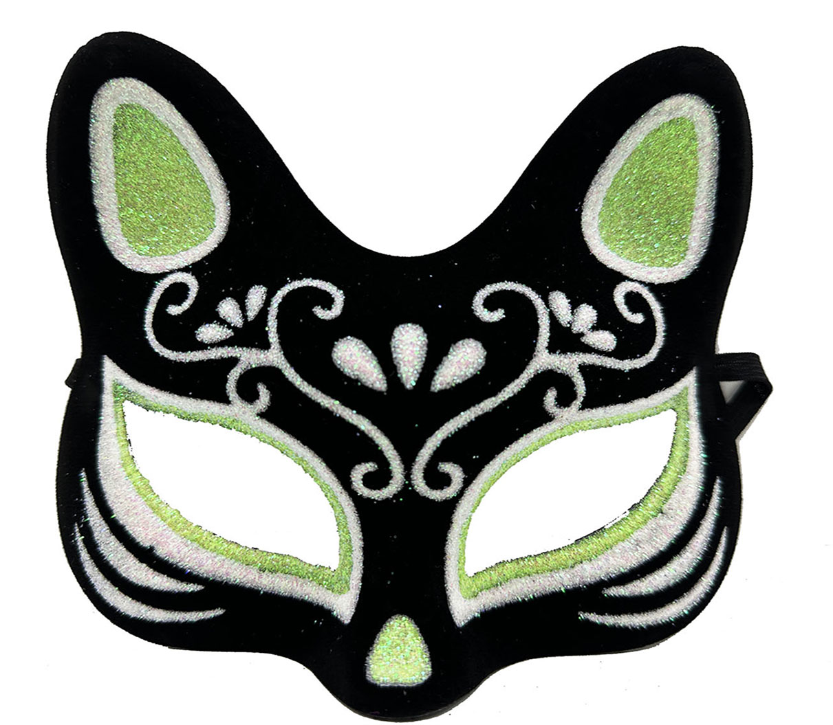 Siyah Renk Süet Kaplama Üzeri Gümüş Yeşil Simli Kedi Maskesi 17x14 cm (CLZ)