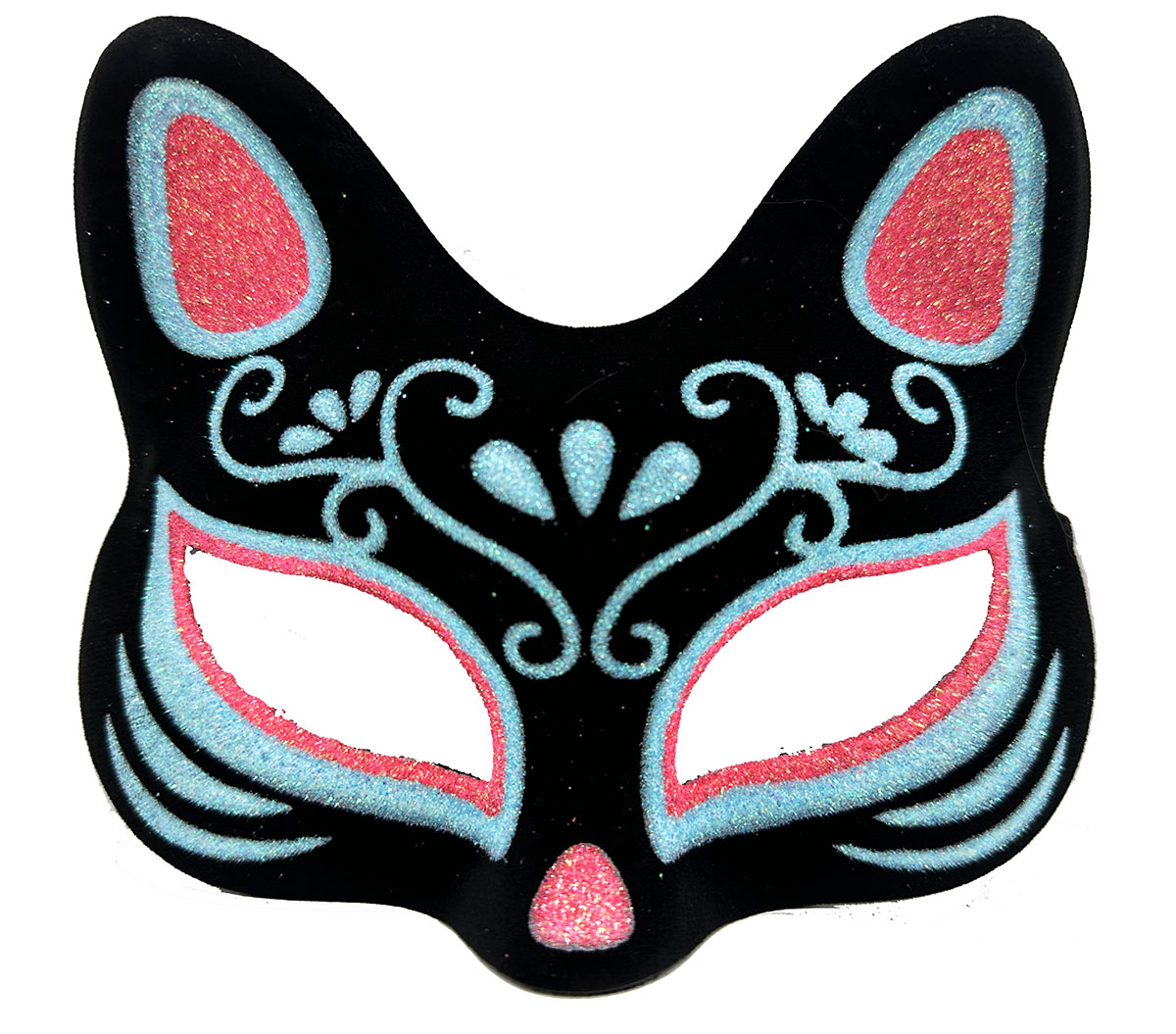 Siyah Renk Süet Kaplama Üzeri Mavi Kırmızı Simli Kedi Maskesi 17x14 cm (CLZ)