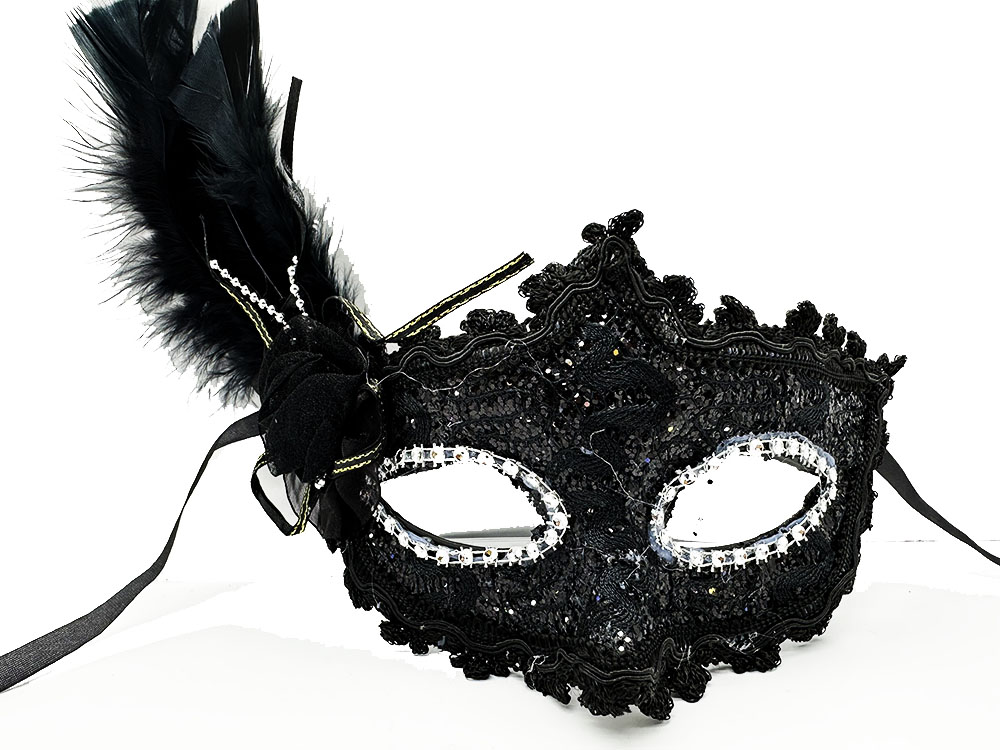 Siyah Renk Yandan Tüylü Dantel Parti Maskesi 20x20 cm (CLZ)