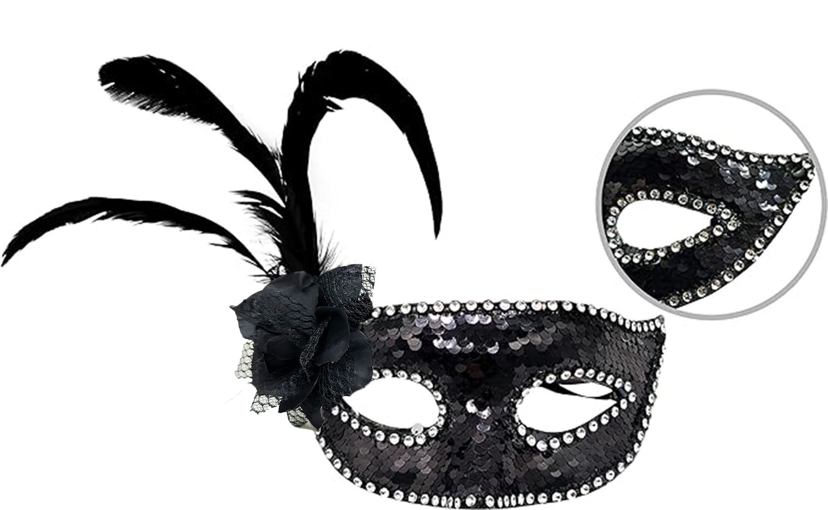 Siyah Renk Yandan Tüylü Güllü Gümüş Taşlı Pullu Maske 20x22 cm (CLZ)