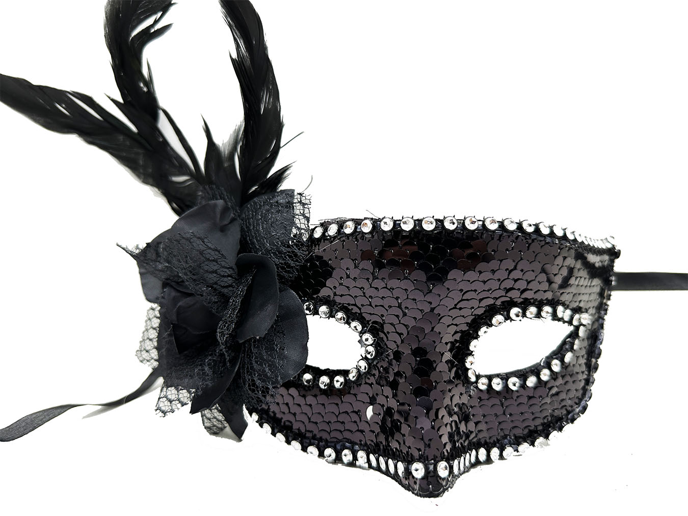 Siyah Renk Yandan Tüylü Güllü Gümüş Taşlı Pullu Maske 20x22 cm (CLZ)