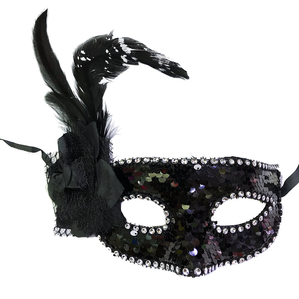 Siyah Renk Yandan Tüylü Pullu Yılbaşı Parti Maskesi (CLZ)