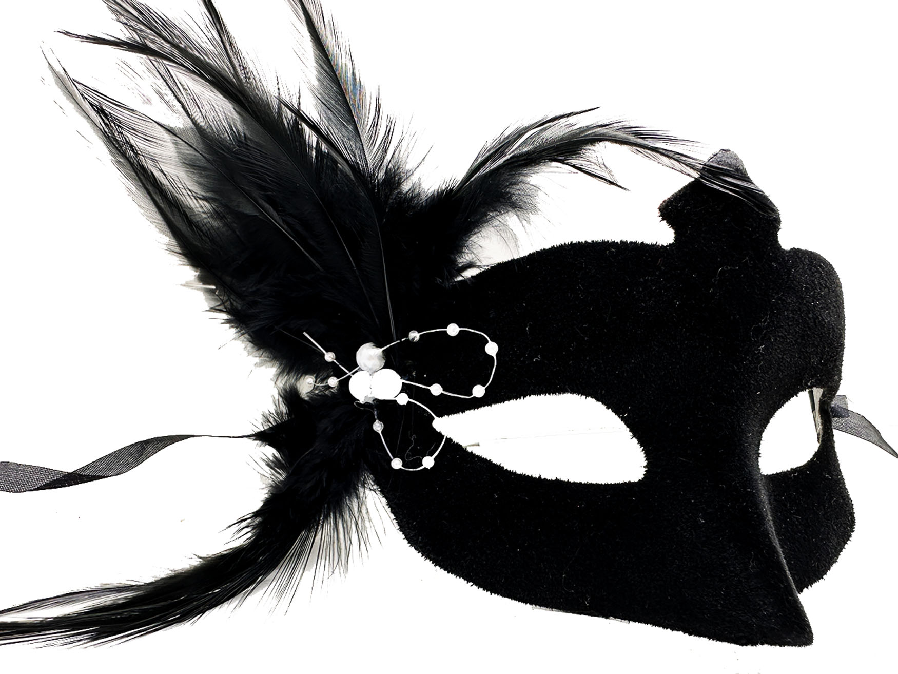 Siyah Renk Yandan Tüylü Süet Kaplama Beyaz İncili Parti Maskesi 18X15 cm (CLZ)