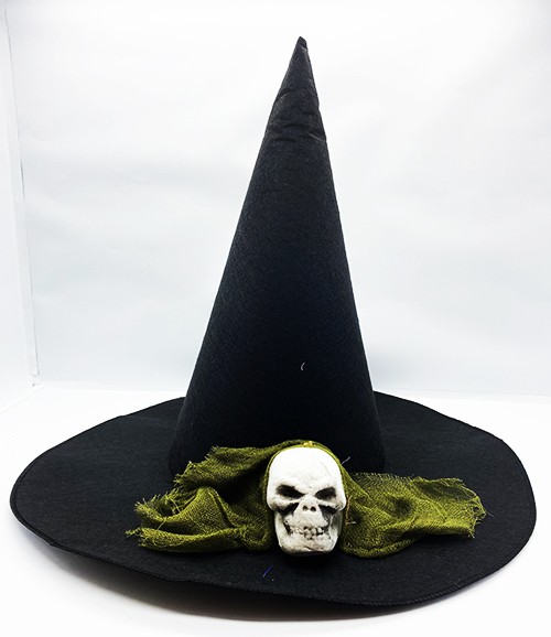 Siyah Renk Yeşil Duvaklı Kuru Kafa Temalı Cadı Şapkası 35x38 cm (CLZ)