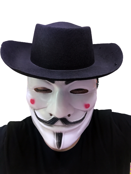 Siyah Renkli Delikli Çocuk Boy Vendetta Şapkası ve Vendetta Maskesi (CLZ)
