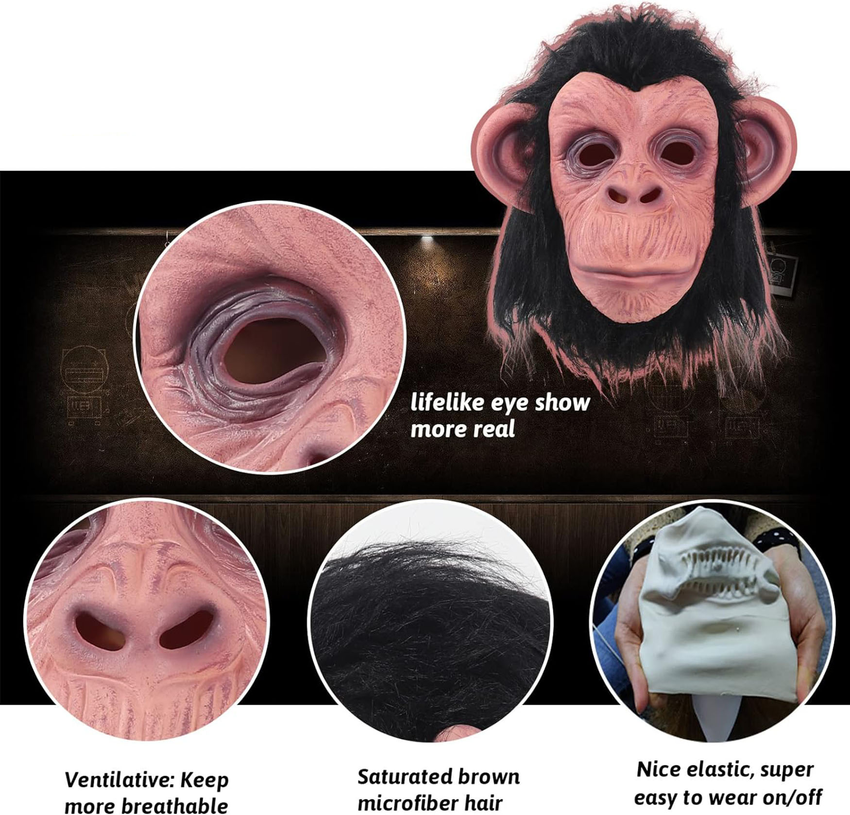 Siyah Saçlı Kafaya Tam Geçmeli Lateks Şempanze Maskesi - Lateks Maymun Orangutan Goril Maske Et Maske (CLZ)