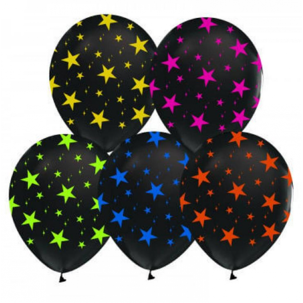 Siyah Üzeri Karışık Renk Yıldız Baskılı Parti Balonu 100 Adet (CLZ)