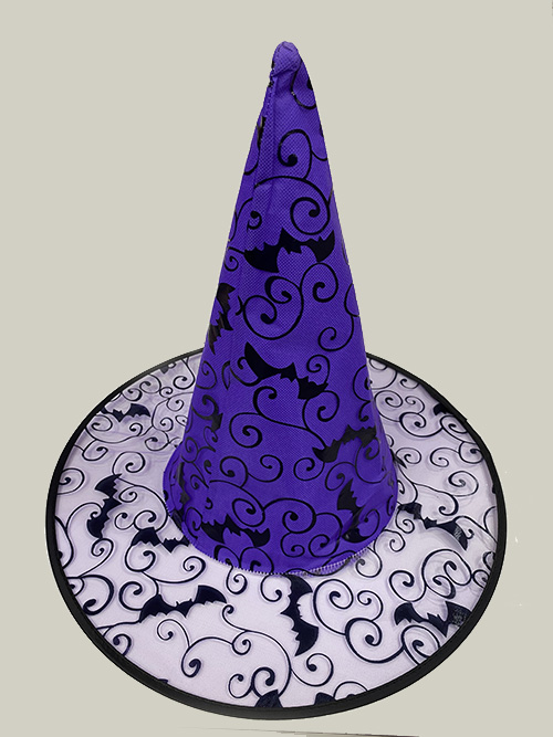 Siyah Yarasa Baskılı Mor Renk Cadı Şapkası 38x22 cm (CLZ)