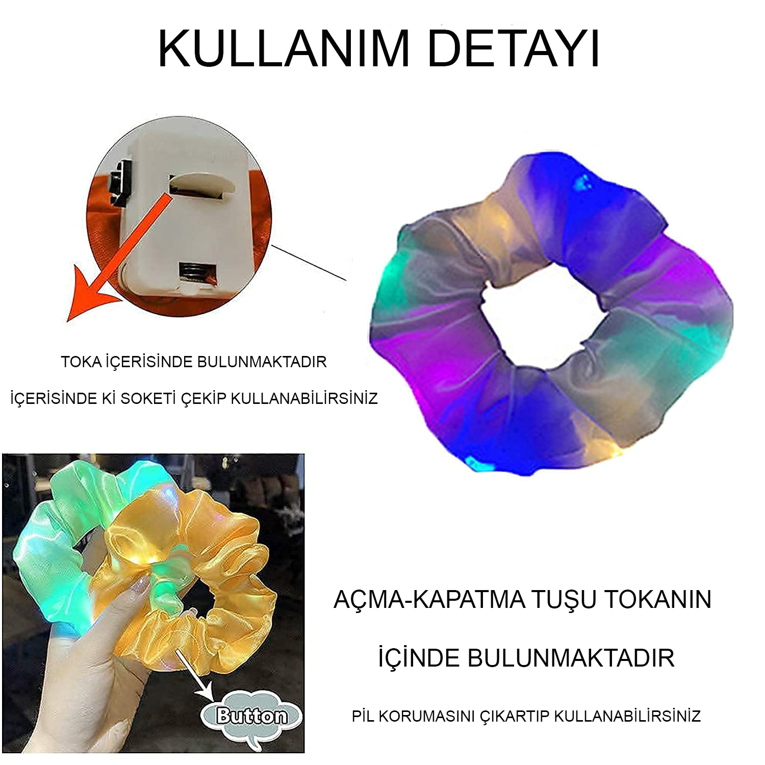 Soft Mavi Renk Led Işıklı Lastikli Saç Tokası - 3 Modlu Festival & Parti Saç Tokası
