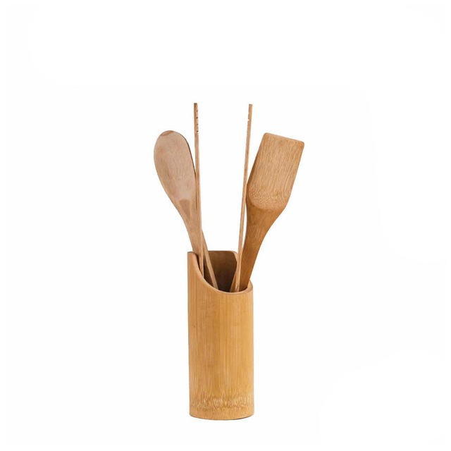 Standlı Bambu Kaşık Seti 4 Parça - Maşa - Kaşık - Spatula (CLZ)