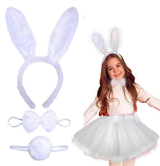 Tavşan Tacı Eteği Papyonu ve Kuyruk Kostüm Seti Beyaz Renk Çocuk Boy (CLZ)
