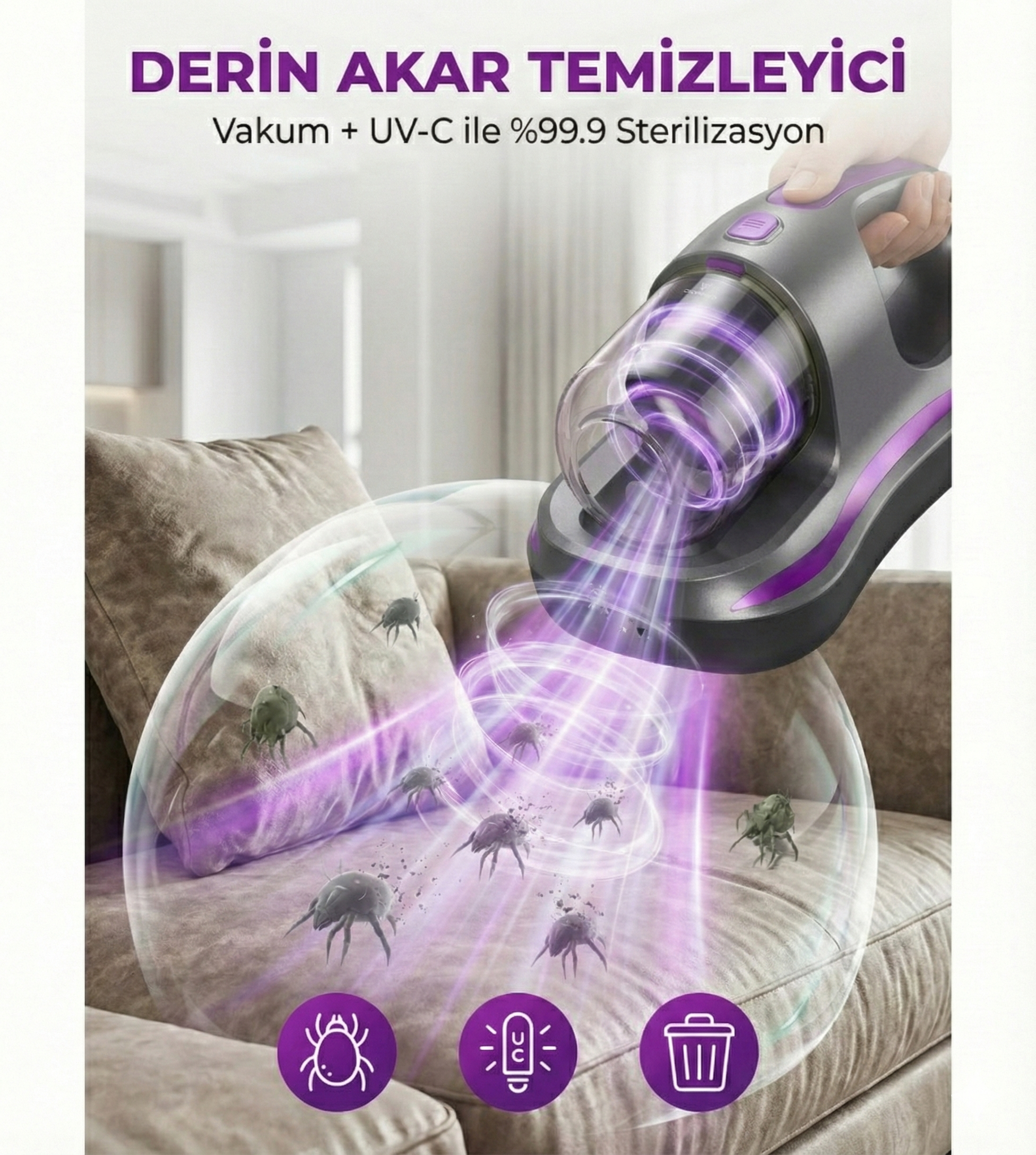 UV Işık Teknolojili Güçlü Motorlu Yatak Temizleme Cihazı - %99,9 Akar Giderme Özelliği ile