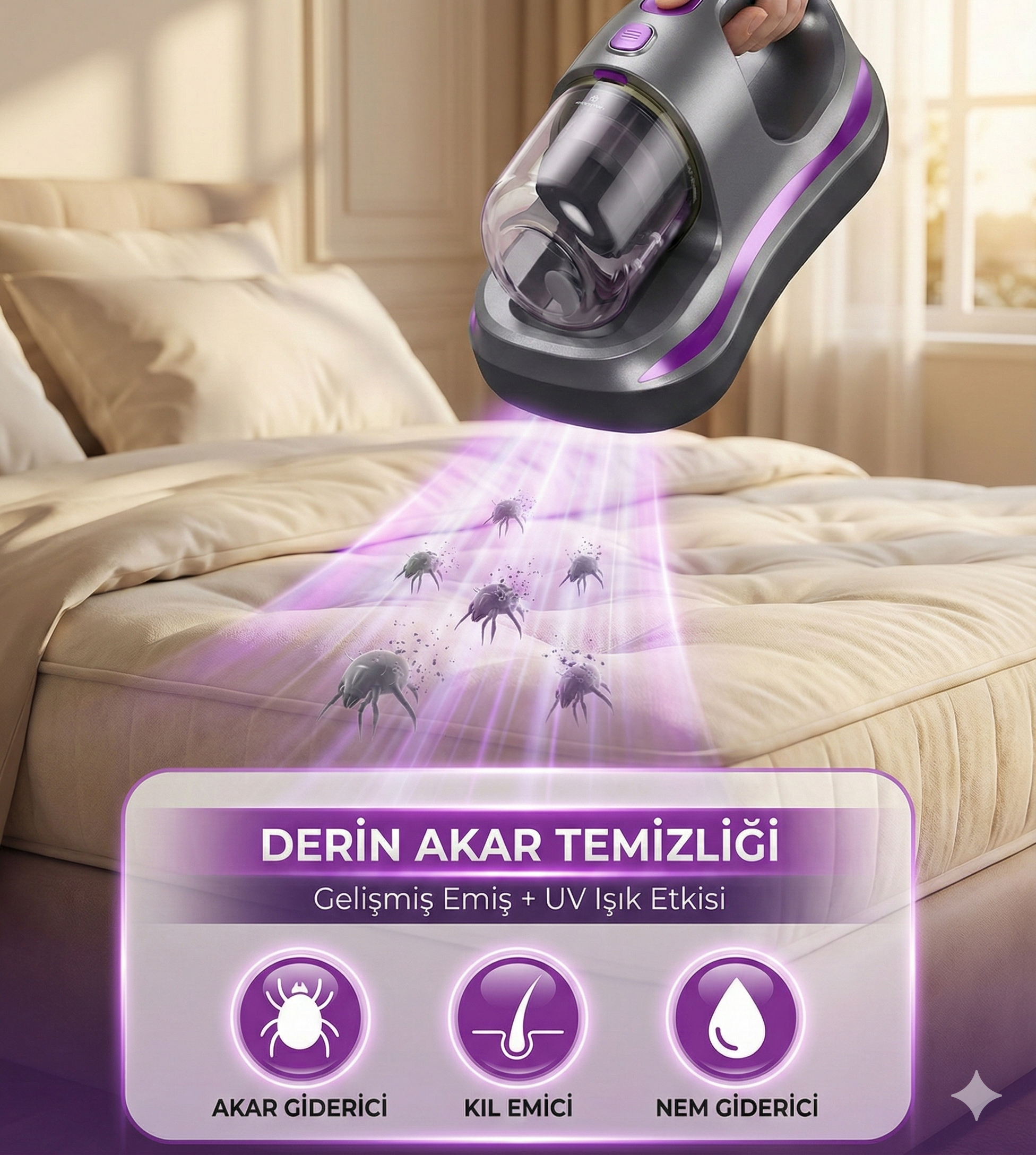 UV Işık Teknolojili Güçlü Motorlu Yatak Temizleme Cihazı - %99,9 Akar Giderme Özelliği ile