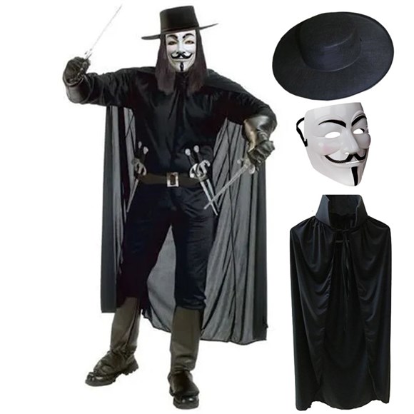 V For Vendetta Maskesi Şapkası ve Pelerin Kostüm Seti Yetişkin Boy (CLZ)