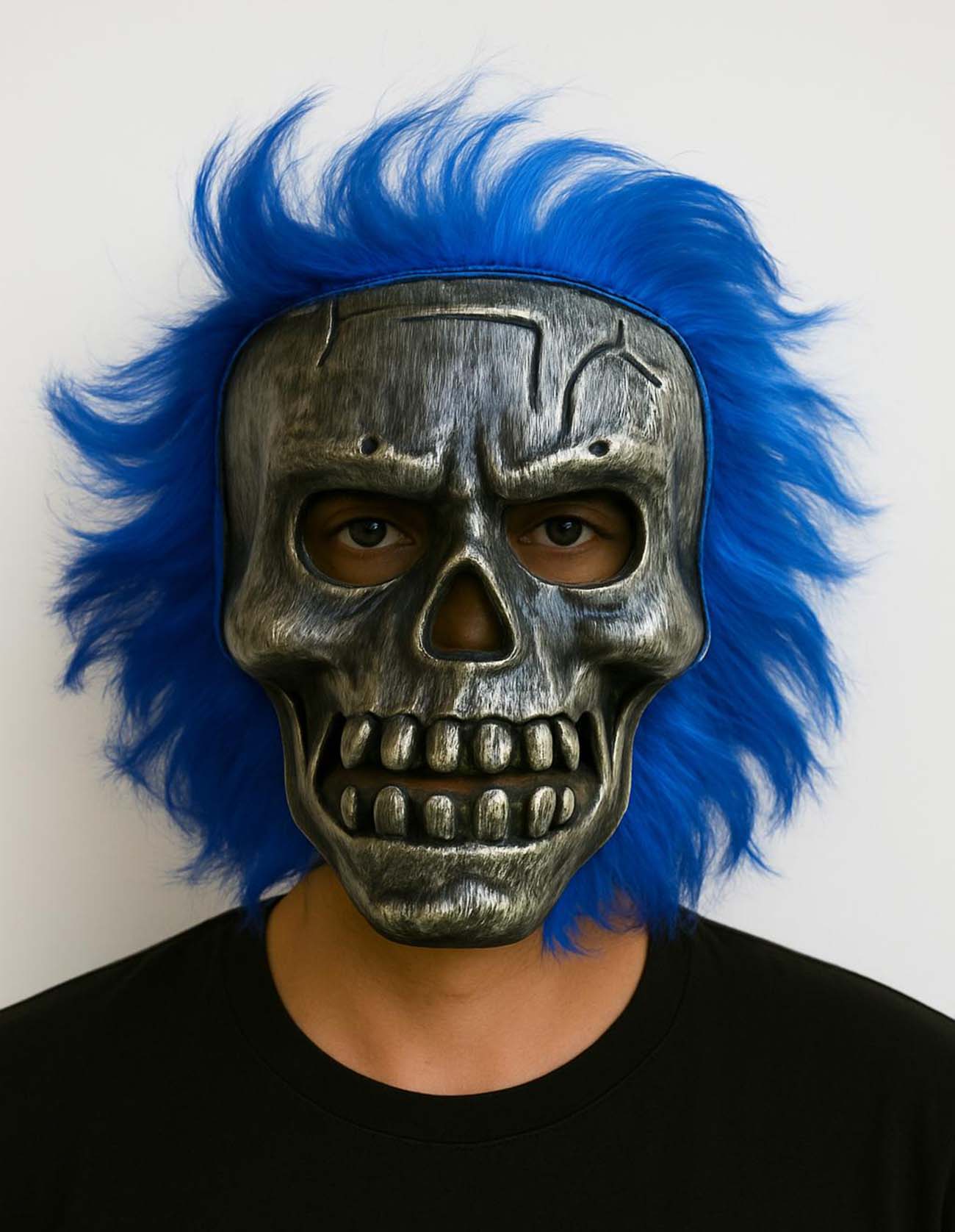 Wild Skull - Gümüş Kafatası Mavi Saçlı İskelet Maske Wild Skull - Gümüş Kafatası Mavi Saçlı İskelet Maske